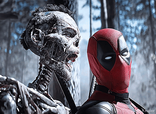 Deadpool Is Standing Next To A Skeleton With A Knife GIF