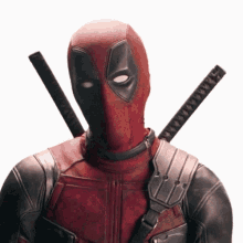 Deadpool Is Wearing A Red And Black Suit And Holding Two Swords . GIF
