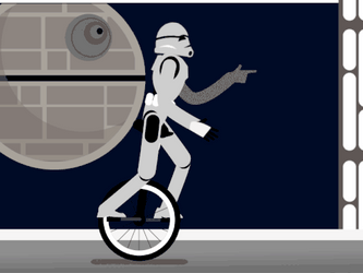 Death Star And A Stormtrooper Riding Unicycle GIF
