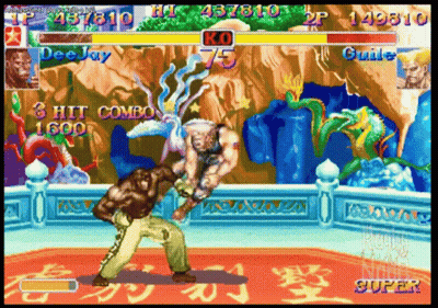 Deejay And Guile Are Fighting In A Video Game That Says 3 Hit Combo 1600 On The Screen GIF