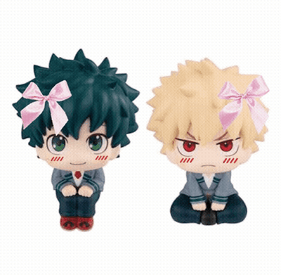 Deku And Bakugo From My Hero Academia Are Sitting Next To Each Other With Bows On Their Heads . GIF