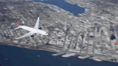 Delta Airplane Flying Over City GIF