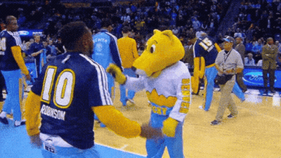 Denver Mascot Shaking Hands With Basketball Player GIF