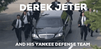 Derek Jeter And His Yankee Defense Team Are Running Towards A Black Car GIF