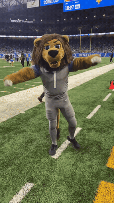 Detroit Lions Mascot Standing On Football Field GIF