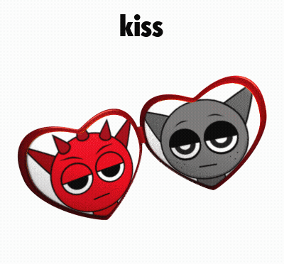 Devil And Cat In Heart Frame With Kiss GIF