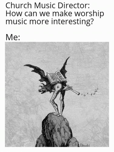 Devil Playing Trumpet With Church Music Director Caption GIF