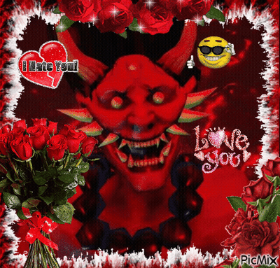 Devil Surrounded By Red Roses Saying I Hate You GIF