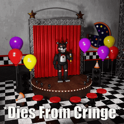 Dies From Cringe Poster With Teddy Bear On Stage GIF