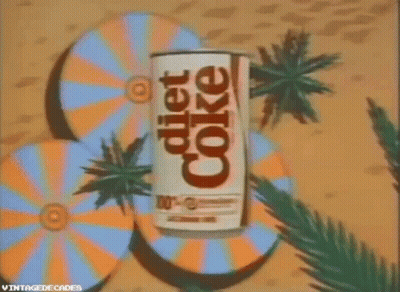 Diet Coke Can Surrounded By Umbrellas And Palm Trees GIF
