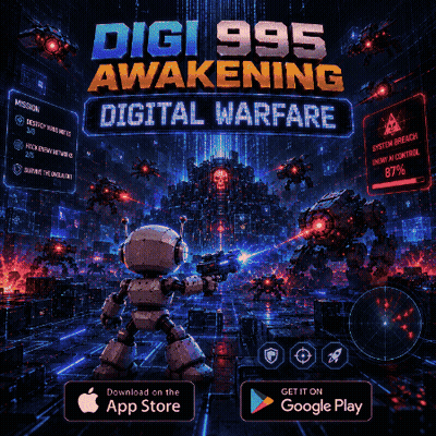 Digi 995 Awakening Digital Warfare Robot Holding Gun GIF