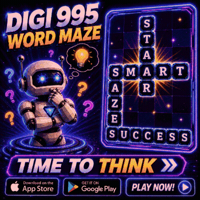Digi 995 Word Maze Advertisement With Robot Thinking GIF