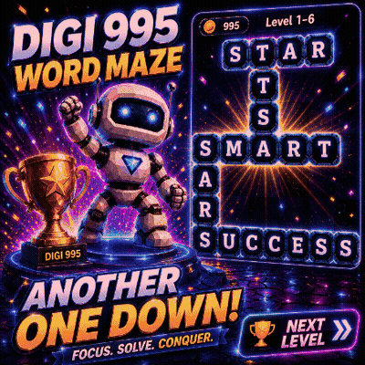 Digi 995 Word Maze Robot Holding Trophy GIF
