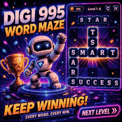Digi 995 Word Maze Robot Holding Trophy GIF
