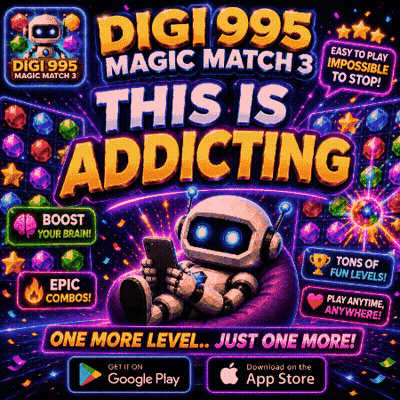 Digi995 Magic Match 3 Robot Holding Cell Phone GIF