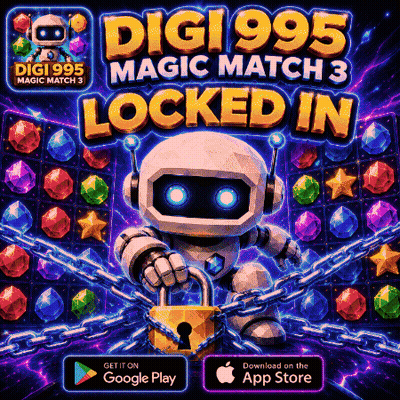 Digi995 Magic Match 3 Robot Holding Padlock Surrounded by Chains