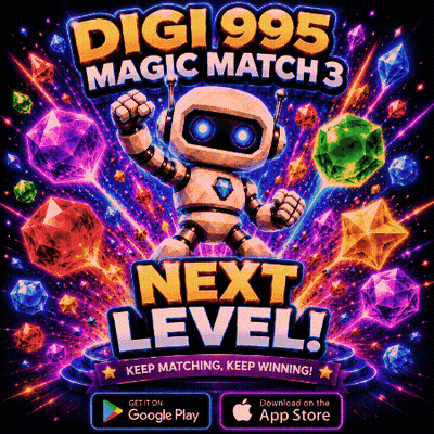 Digi995 Magic Match 3 Robot Surrounded By Gems GIF