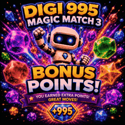 Digi995 Magic Match 3 Robot Surrounded By Gems GIF