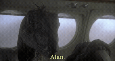 Dinosaur Looking Out Of Plane Window Saying Alan GIF