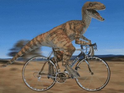 Dinosaur Riding Bicycle With Word Focus On Front Wheel GIF