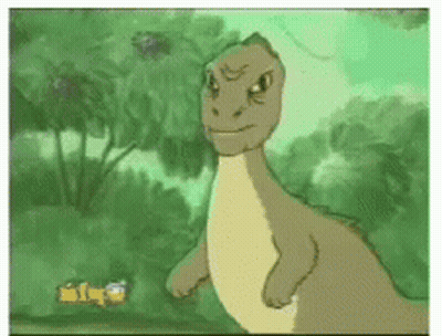 Dinosaur Standing In Jungle With Yellow Box Saying ABC GIF