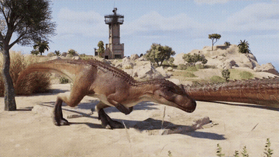 Dinosaur Walking In Sand With Tower GIF
