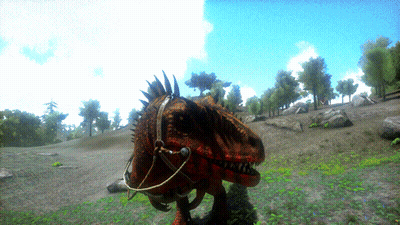 Dinosaur With Saddle Walking Through Field GIF