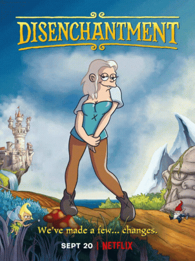 Disenchantment Poster Woman In Blue Top And Brown Pants GIF