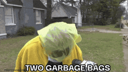 DIY Hazmat Suit Made Of Garbage Bags GIF