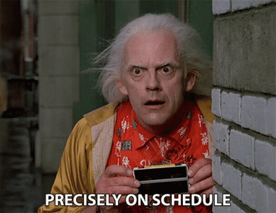 Doc Brown From Back To The Future Is Holding A Cell Phone In Front Of A Brick Wall With The Words Precisely On Schedule  GIF