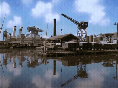 Dock with Boats, Crane, and Building Reflection