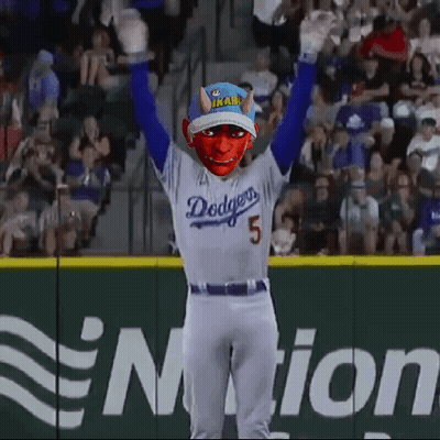 Dodgers Baseball Player In Devil Mask Raising Arms GIF