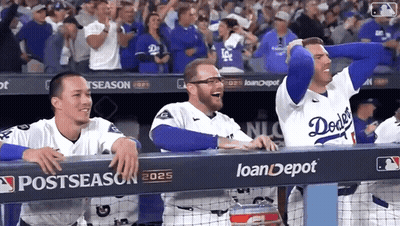 Dodgers Baseball Players Sitting On Dugout GIF
