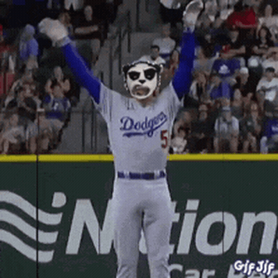Dodgers Player In Panda Mask Raising Arms GIF