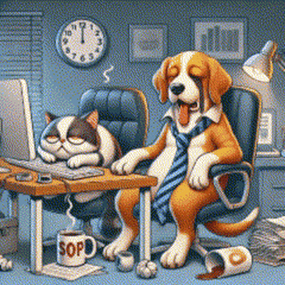 Dog And Cat At Desk With Cup Saying Sopd GIF