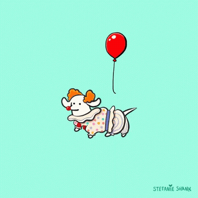 Dog Dressed As Clown Holding Red Balloon By Stefanie Shank GIF