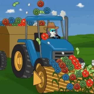 Dog Driving Tractor With Paw Prints GIF