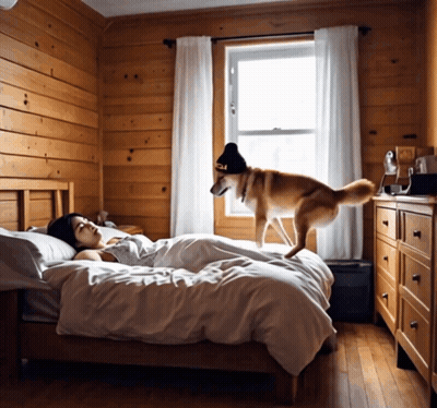Dog In Black Hat Jumping On Bed Next To Sleeping Woman GIF