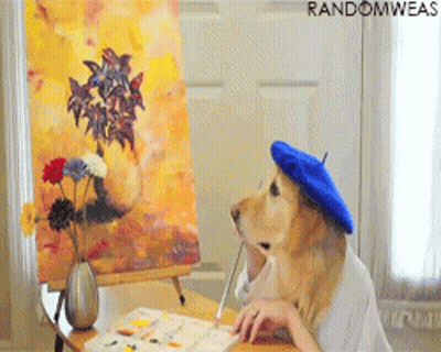 Dog In Blue Beret Painting Flowers GIF