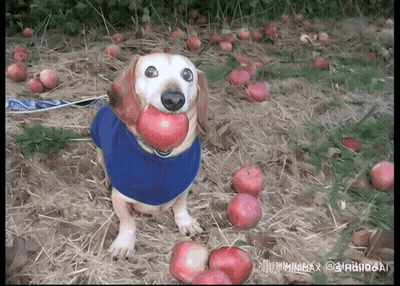Dog In Blue Shirt Holding Red Apple GIF