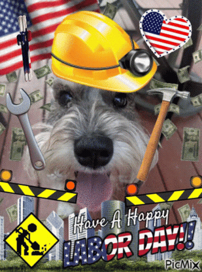 Dog in Hard Hat Holding Hammer Have a Happy Labor Day
