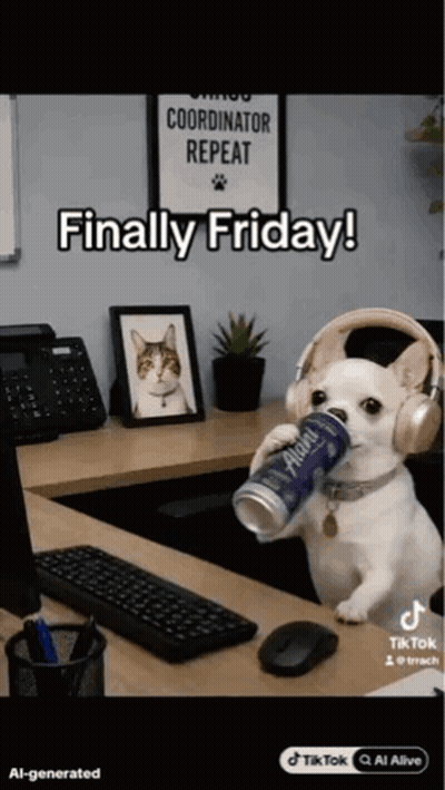 Dog In Headphones Holding Beer At Computer Desk GIF