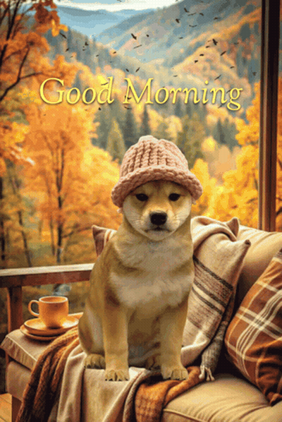 Dog In Knitted Hat On Couch Saying Good Morning GIF