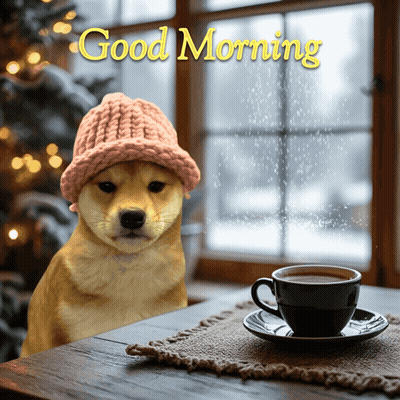 Dog In Knitted Hat With Coffee Saying Good Morning GIF