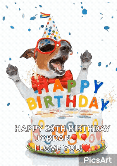Dog In Party Hat And Sunglasses With Happy 28Th Birthday Jordan Cake GIF