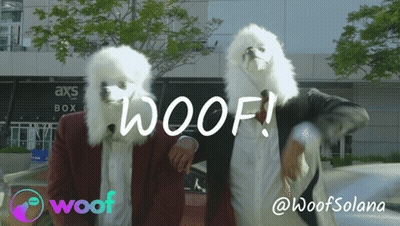 Dog In Pink Collar Surrounded By Woof Meme Words GIF