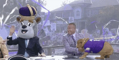 Dog In Purple Shirt And Crown Interviewed By Man In Suit GIF