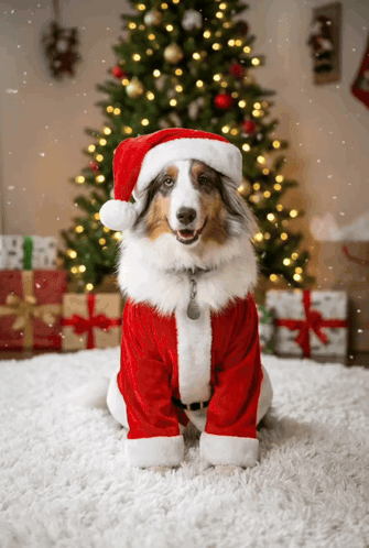 Dog In Santa Suit And Hat In Front Of Christmas Tree GIF