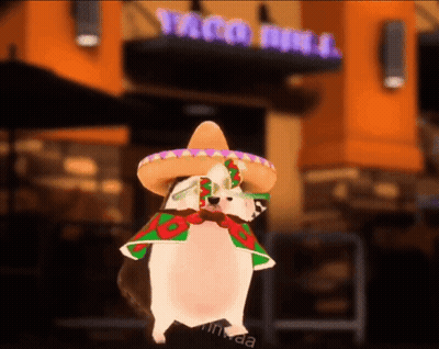 Dog in Sombrero in Front of Taco Bell Sign