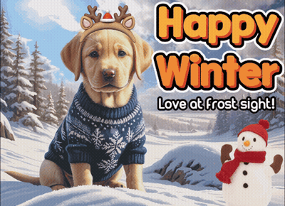 Dog In Sweater And Reindeer Headband Says Happy Winter Love At Frost Sight GIF